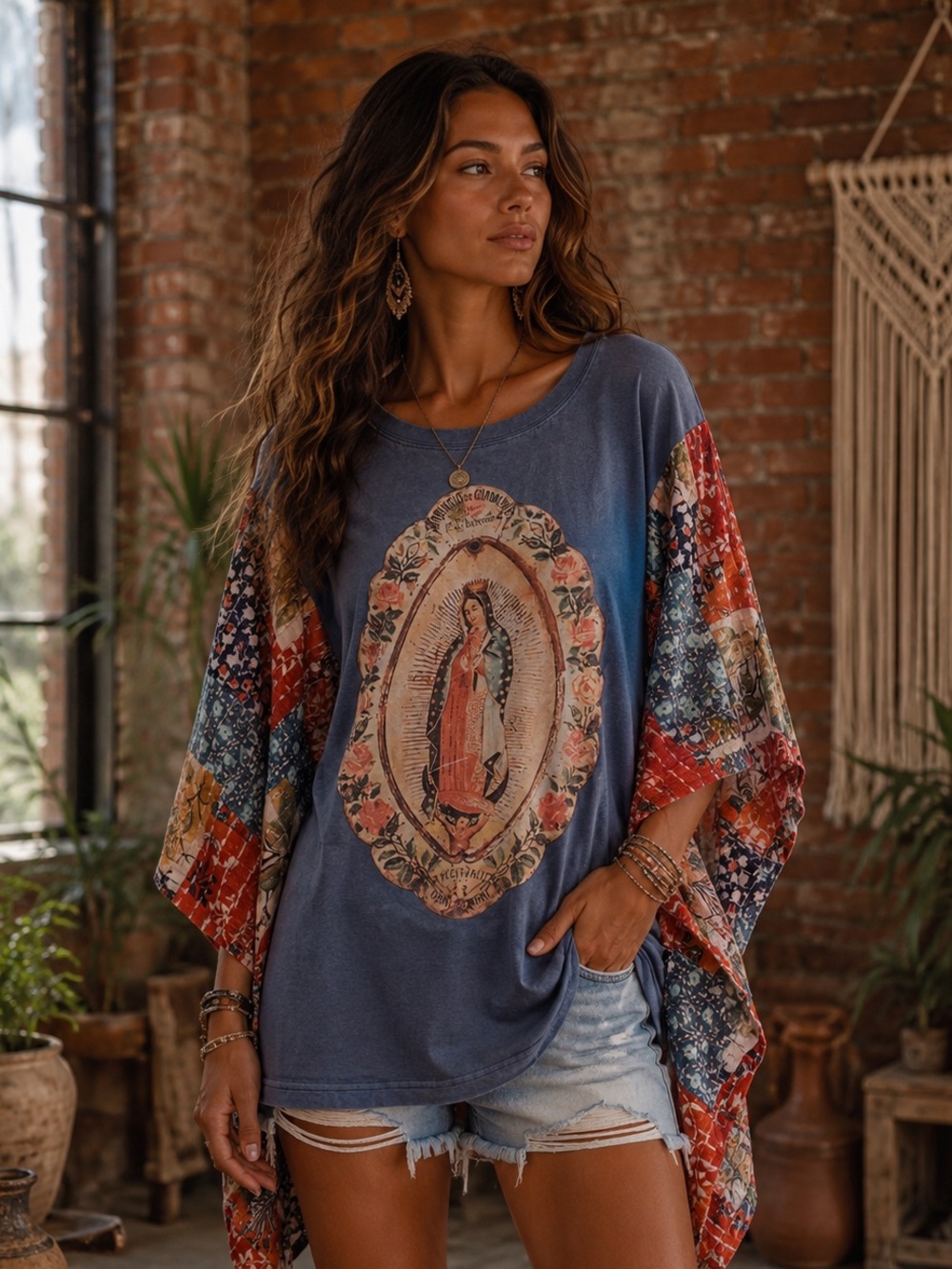 NWT Blue Velvet Our Lady of Guadalupe Kantha Sleeve Top S/M Boho